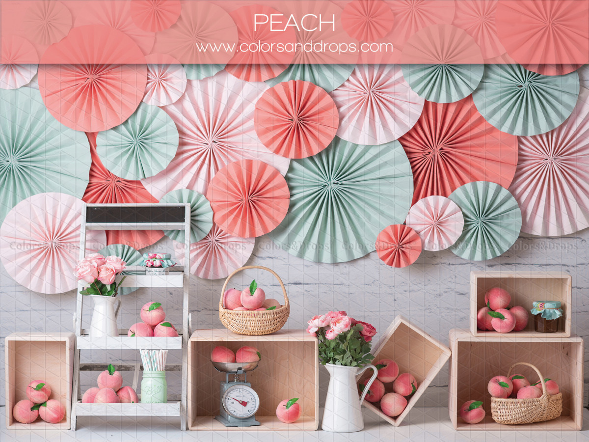 Baby & cake smash photo backdrop Peach Melba – peach set with paper fans and crates | Colors&Drops