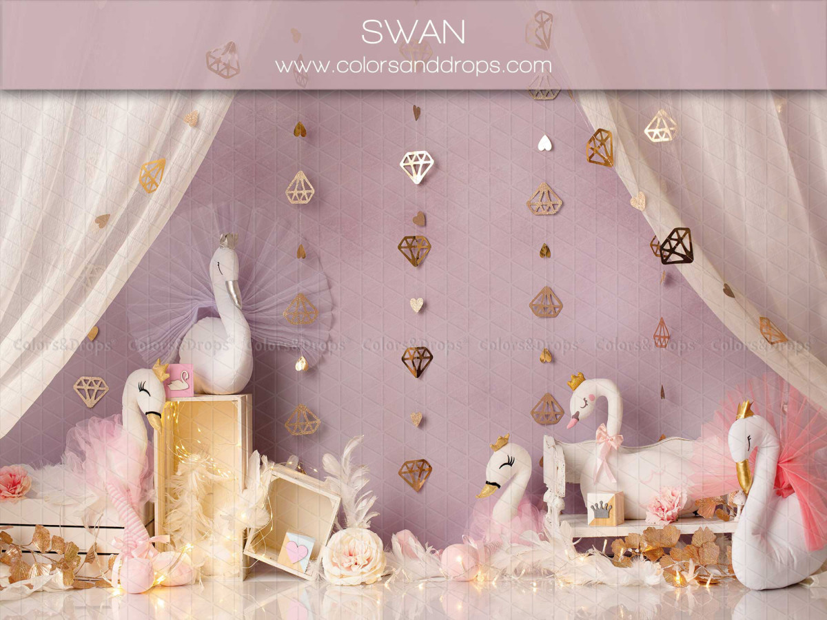 Baby & cake smash photo backdrop Swan – white swans set with pink drapes | Colors&Drops