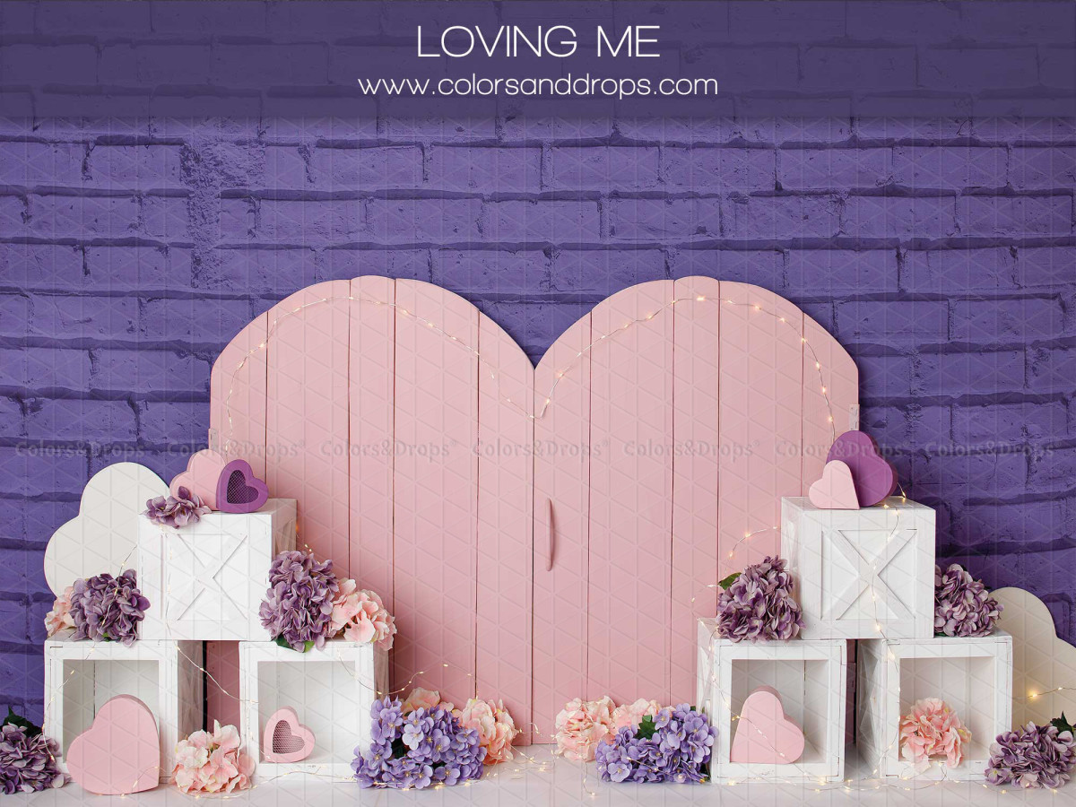 Valentine's Day photo backdrop Loving Me – large pink wooden heart by purple brick wall | Colors&Drops