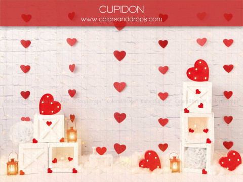Valentine's Day photo backdrop Cupidon – hanging red hearts and white cubes | Colors&Drops
