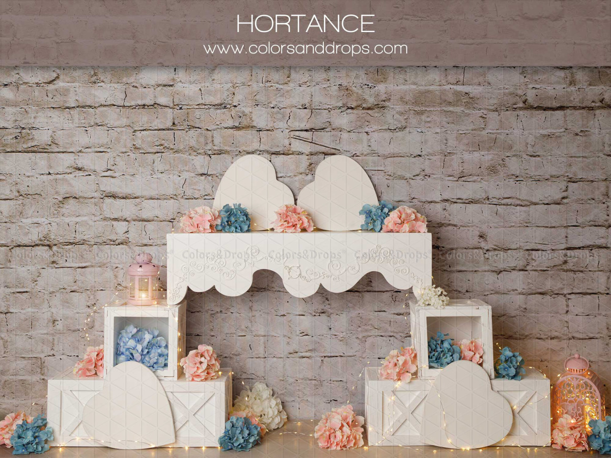 Baby & cake smash photo backdrop Hortance – white heart shelves with flowers by brick wall | Colors&Drops