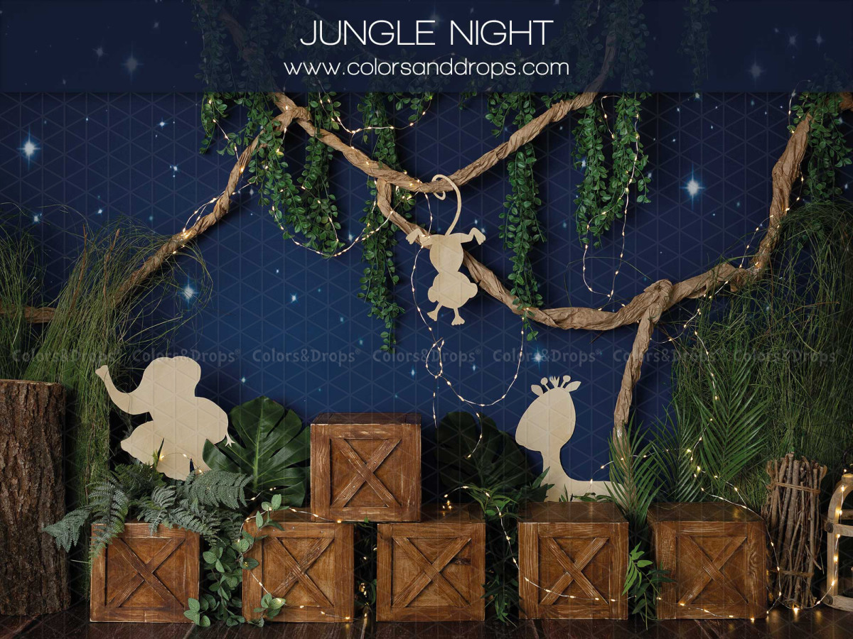 Fondo fotográfico de bebé y smash cake Jungle Night – jungla de noche con mono, elefante y cajas | Colors&Drops
