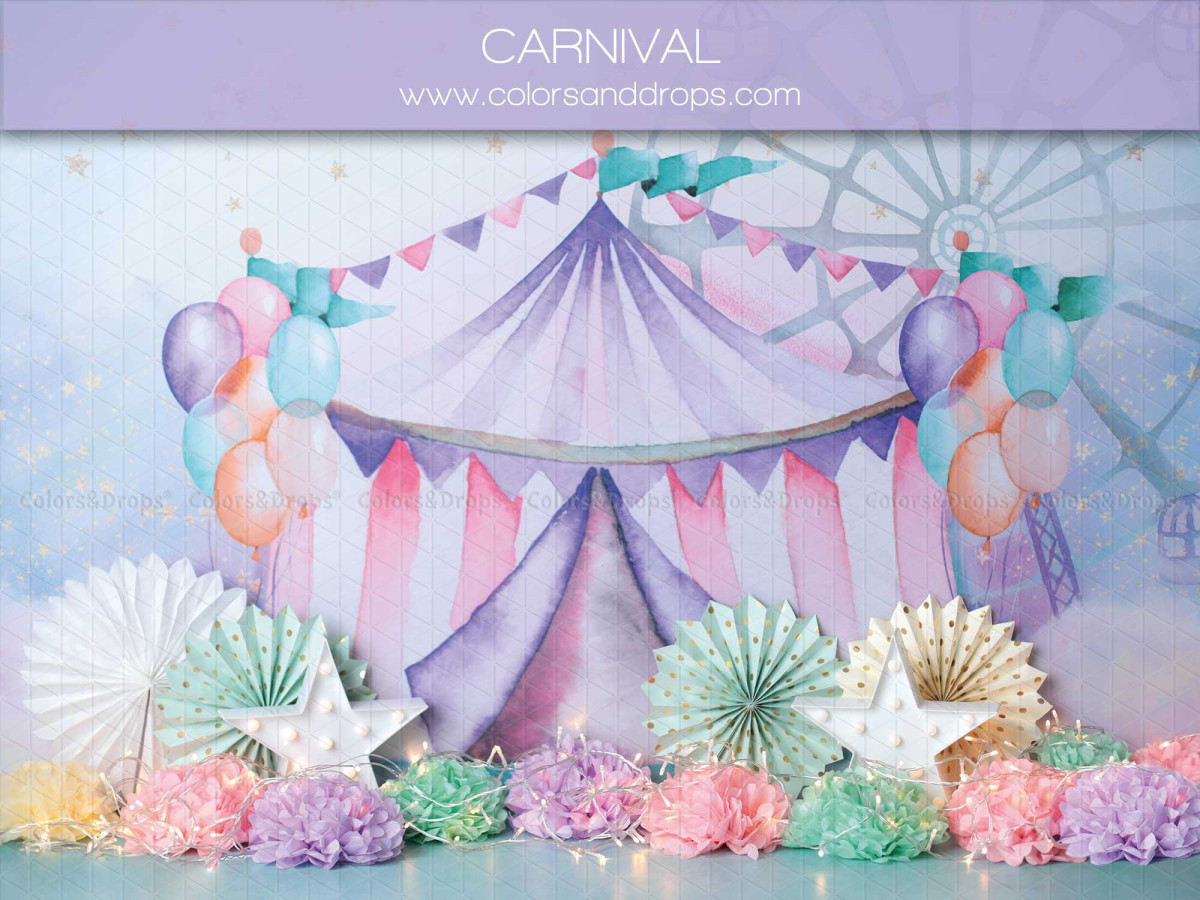 Fond photo bébé et smash cake Carnival – chapiteau de cirque pastel avec ballons et rosaces | Colors&Drops