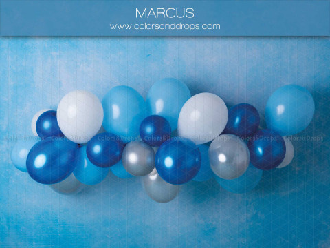 Fondo fotográfico de bebé y smash cake Marcus – guirnalda de globos azules y blancos sobre fondo azul | Colors&Drops