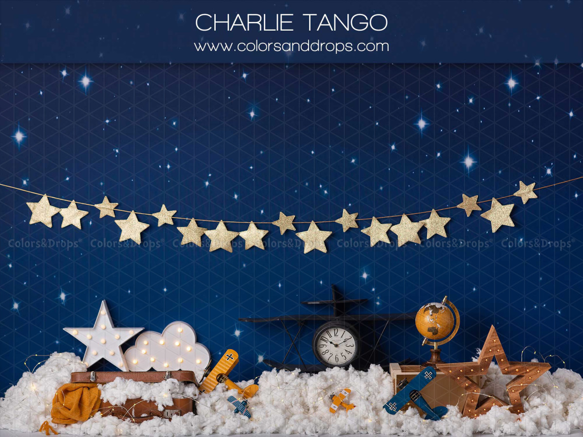 Fondo fotográfico de bebé y smash cake Charlie Tango – cielo estrellado con guirnalda de estrellas y avión | Colors&Drops