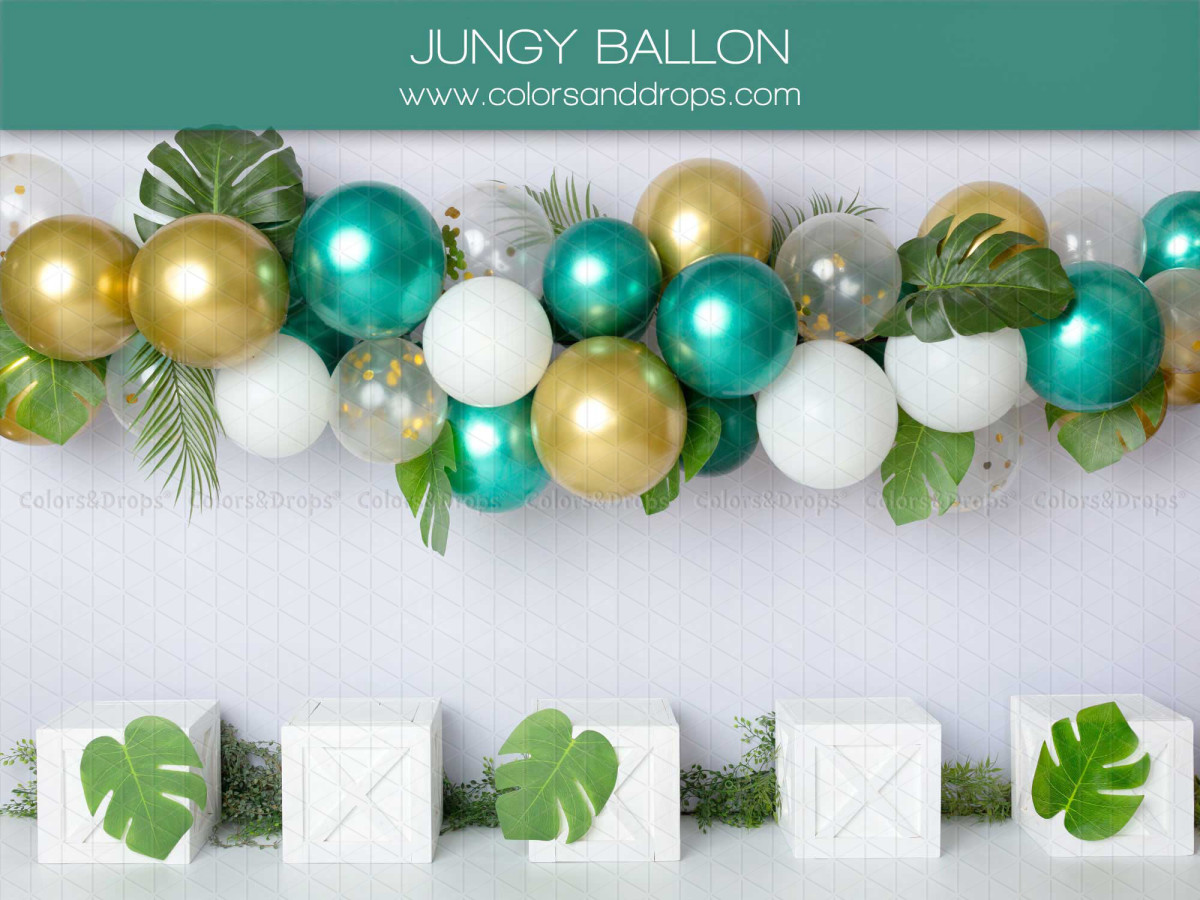 Baby & cake smash photo backdrop Jungy Ballon – balloon garland and cubes with tropical leaves | Colors&Drops