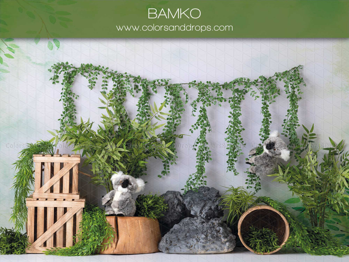 Baby & cake smash photo backdrop Bamko – koala set with hanging greenery and rocks | Colors&Drops