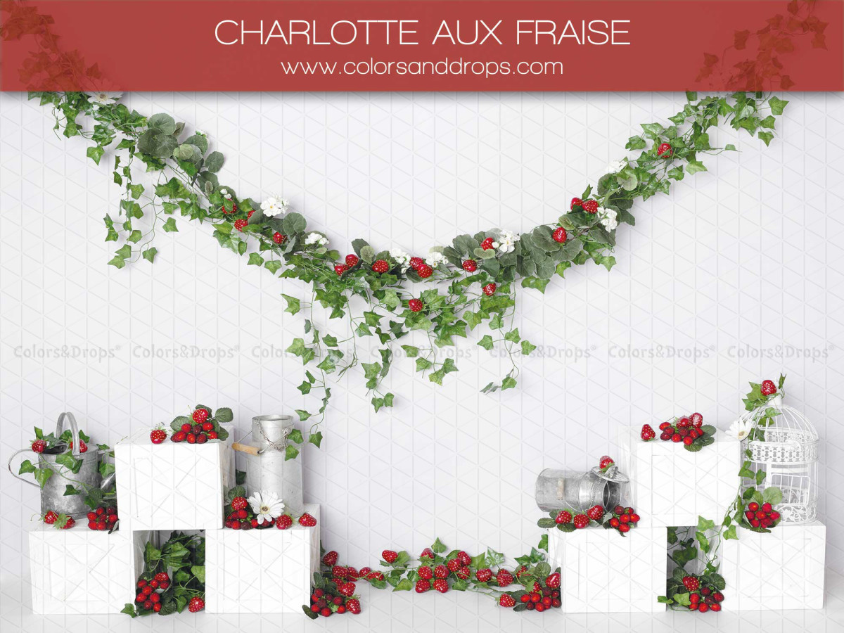 Baby & cake smash photo backdrop Charlotte aux Fraises – strawberry set with hanging greenery and white cubes | Colors&Drops