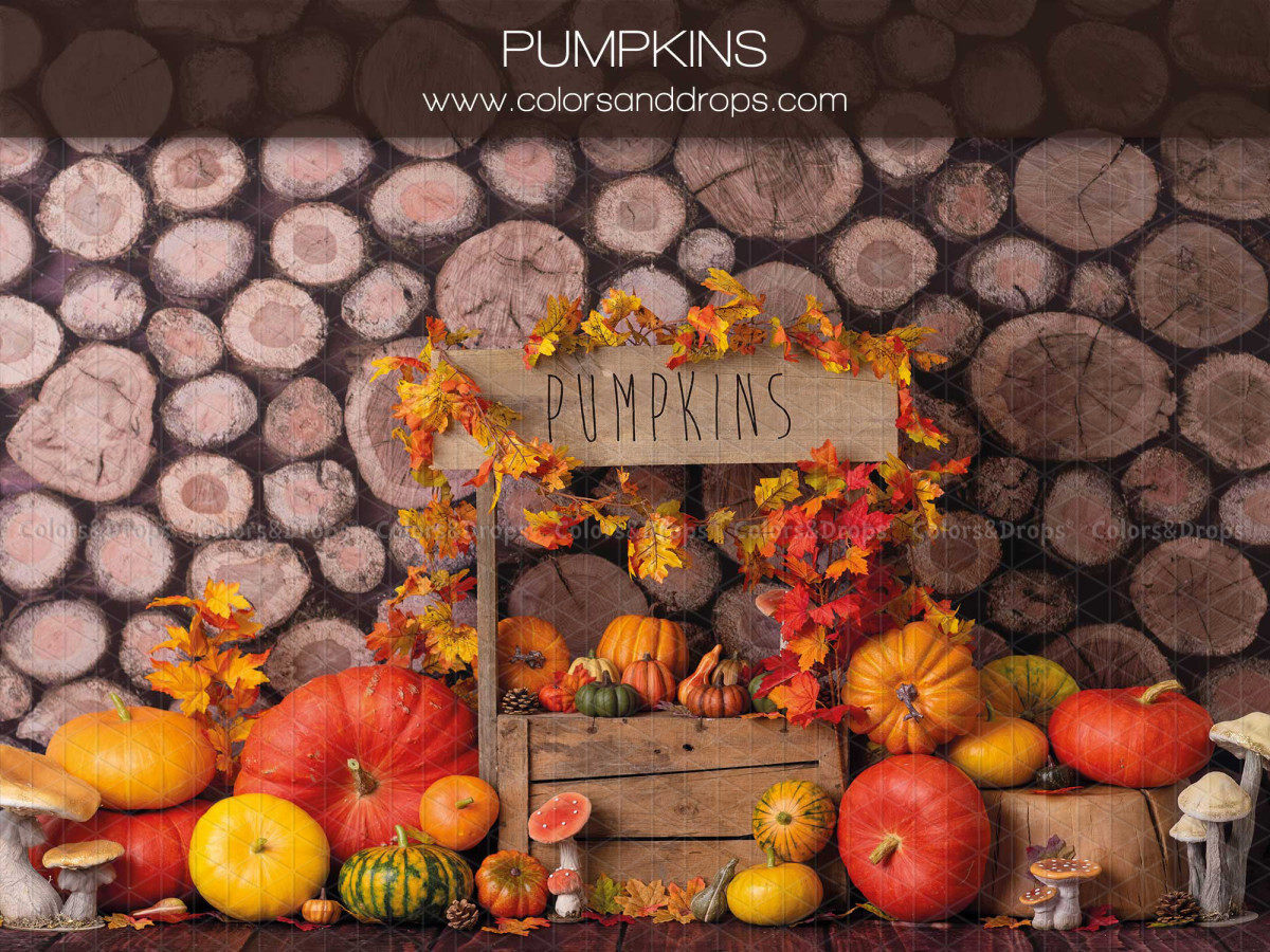 Fond photo d'Halloween Pumpinks – stand de citrouilles devant mur de rondins | Colors&Drops