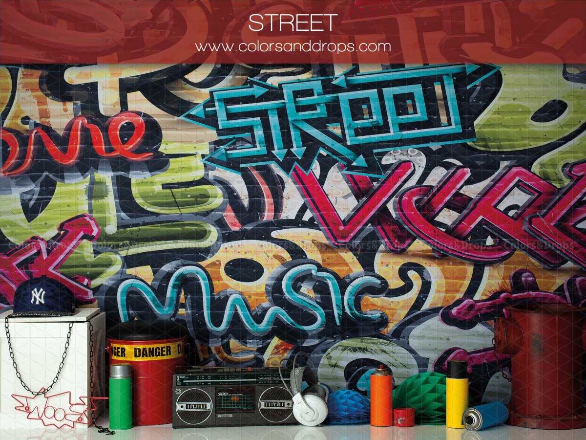 Fond photo bébé et smash cake Street – mur de graffitis street art avec radio | Colors&Drops
