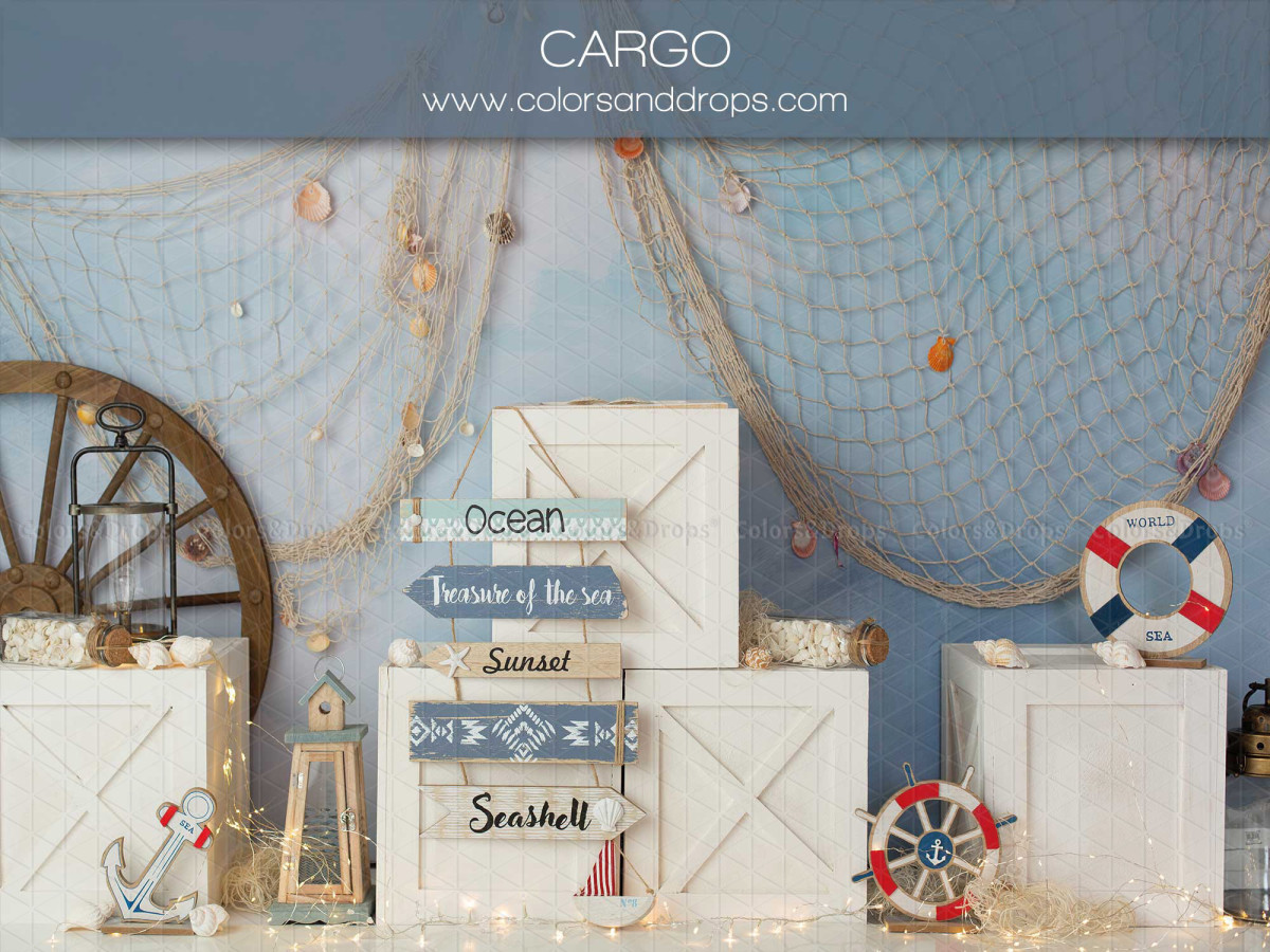 Baby & cake smash photo backdrop Cargo – nautical set with fishing net, crates and life ring | Colors&Drops