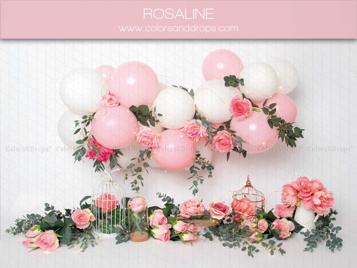 Fond photo bébé et smash cake Rosaline – arche de ballons roses et blancs avec roses | Colors&Drops