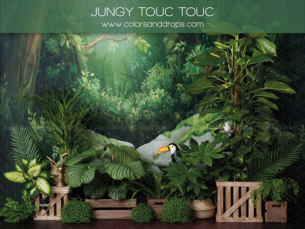 Fond photo bébé et smash cake Jungy Touc Touc – jungle luxuriante avec toucan et caisses en bois | Colors&Drops