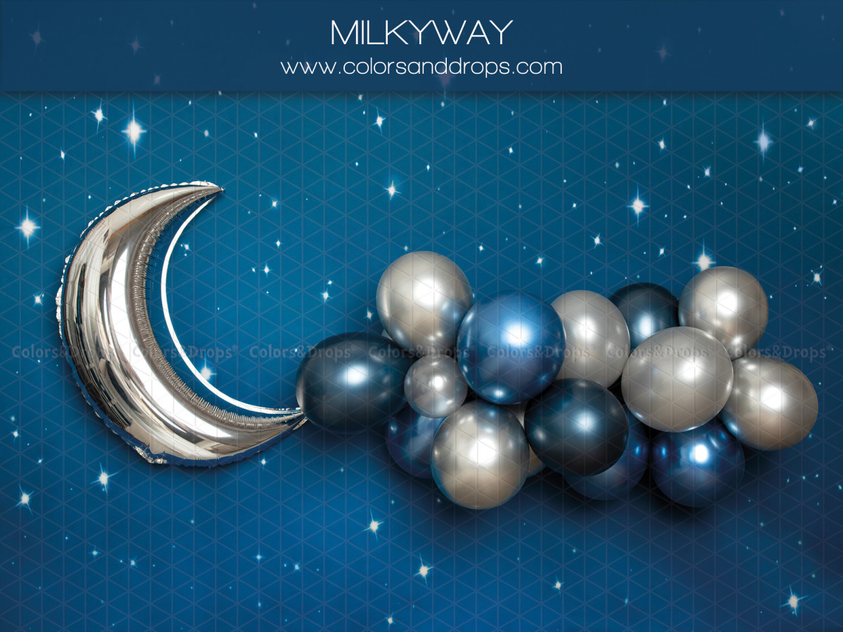 Baby & cake smash photo backdrop Milkyway – silver moon balloon and balloons in starry sky | Colors&Drops