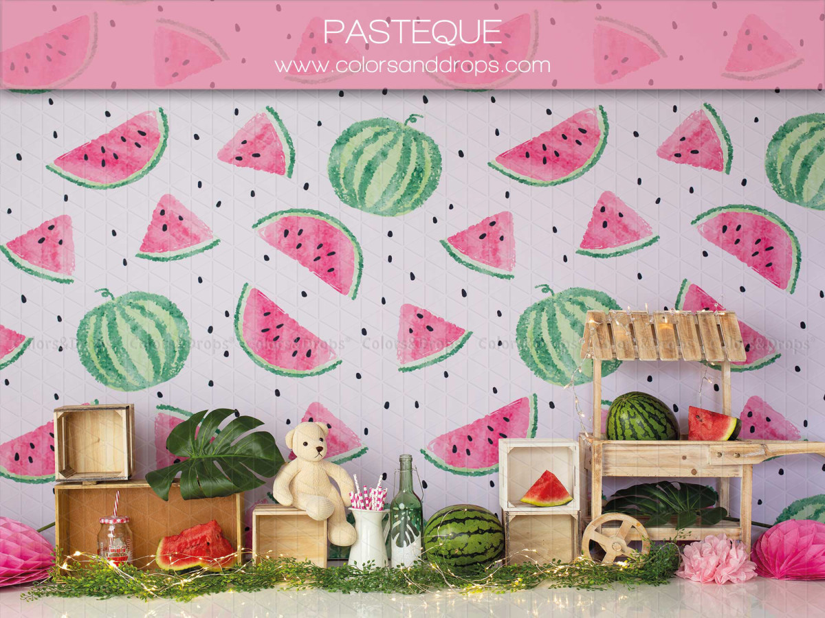Fond photo bébé et smash cake Pasteque – décor pastèque avec caisses et ours en peluche | Colors&Drops
