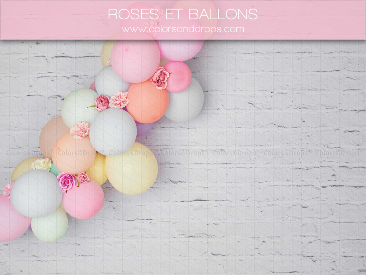 Fondo fotográfico de bebé y smash cake Roses & Ballons – arco de globos pastel y rosas sobre pared blanca | Colors&Drops