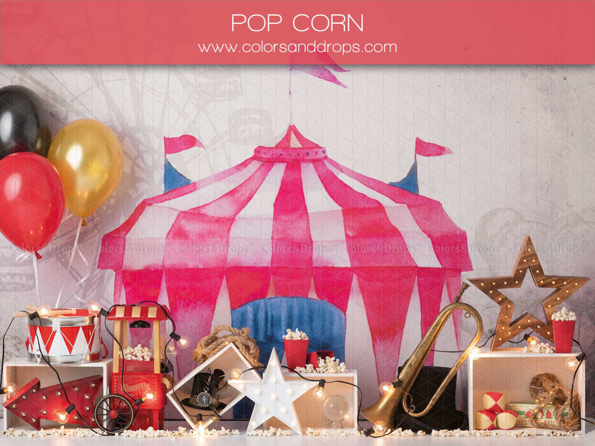 Fondo fotográfico de bebé y smash cake Pop Corn – carpa de circo con palomitas y globos | Colors&Drops