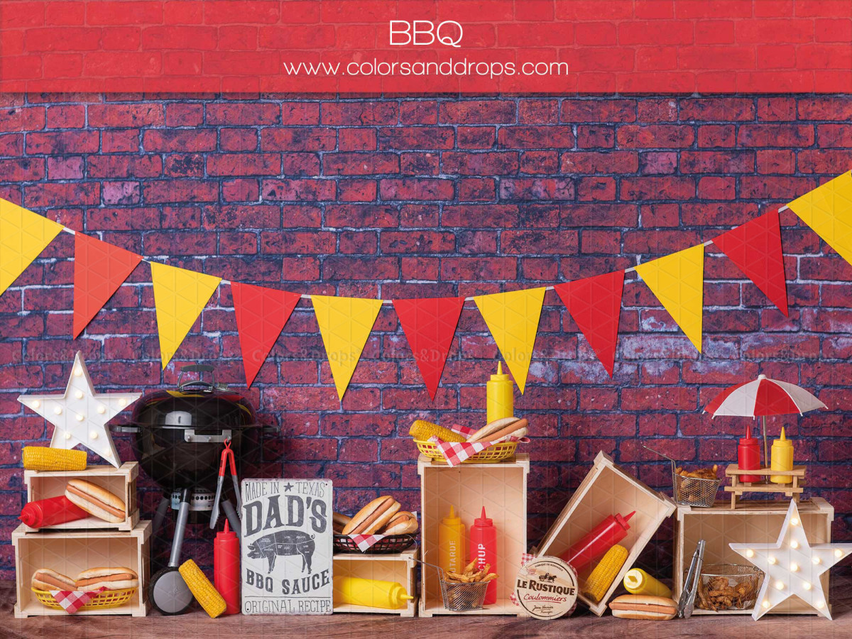 Fond photo bébé et smash cake Bbq – barbecue avec fanions et mur en brique | Colors&Drops