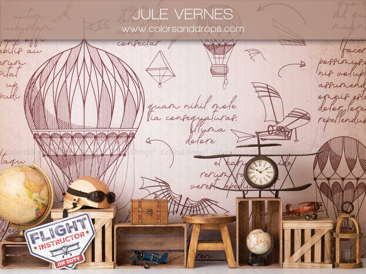 Fond photo bébé et smash cake Jules Verne – décor aviateur vintage avec montgolfières et globe | Colors&Drops