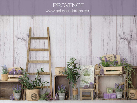 Fondo fotográfico de bebé y smash cake Provence – decorado Provenza con escalera, lavanda y cajas | Colors&Drops