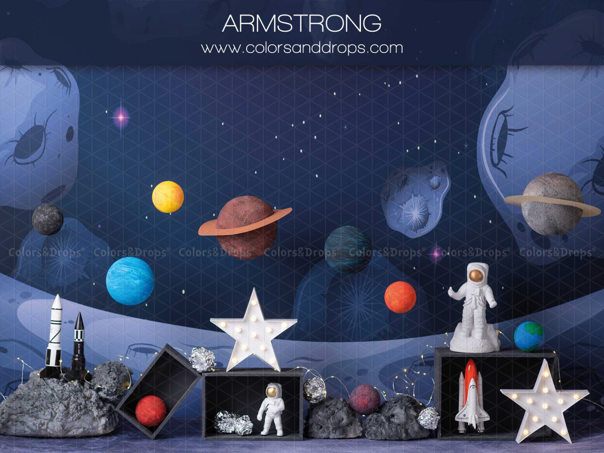 Fondo fotográfico de bebé y smash cake Armstrong – decorado espacial con planetas, cohete y astronauta | Colors&Drops