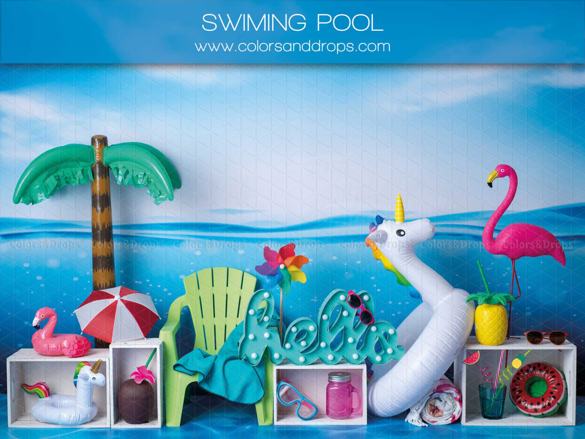 Baby & cake smash photo backdrop Swimming Pool – pool set with unicorn float and flamingo | Colors&Drops