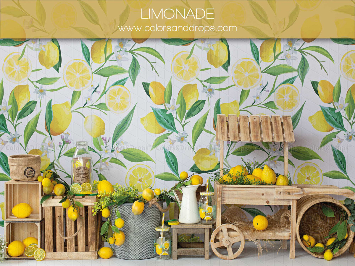 Baby & cake smash photo backdrop Limonade – lemonade stand with lemons and wooden crates | Colors&Drops