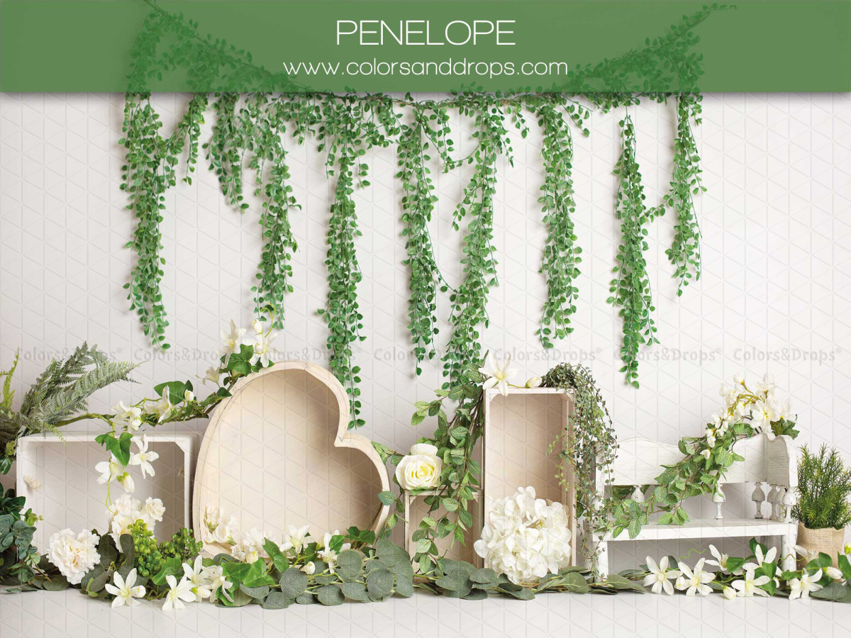 Fond photo bébé et smash cake Penelope – décor de verdure suspendue avec cœur en bois | Colors&Drops
