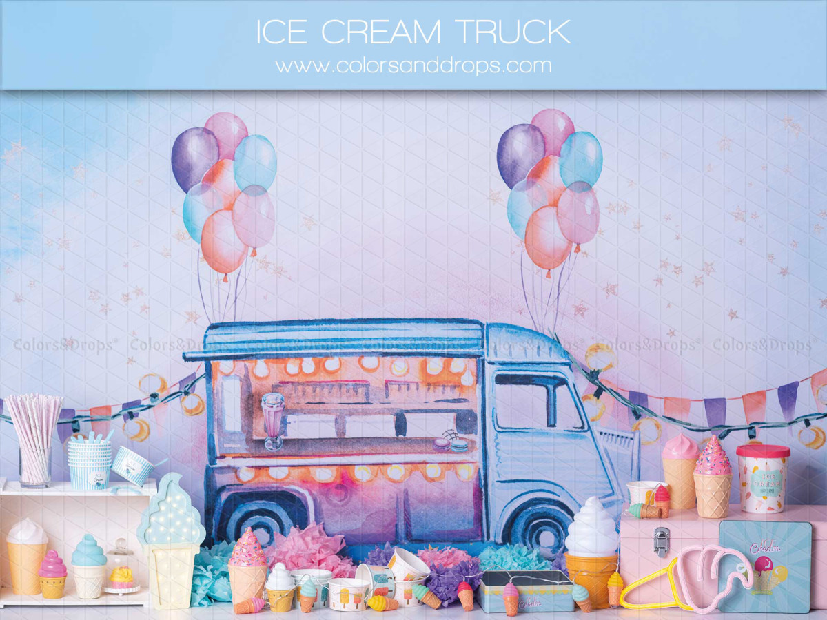 Fond photo bébé et smash cake Ice Cream Truck – camion de glaces avec ballons pastel | Colors&Drops