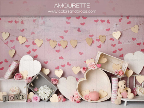 Fondo fotográfico de San Valentín Amourette – decorado San Valentín con corazones y cajas rosas | Colors&Drops