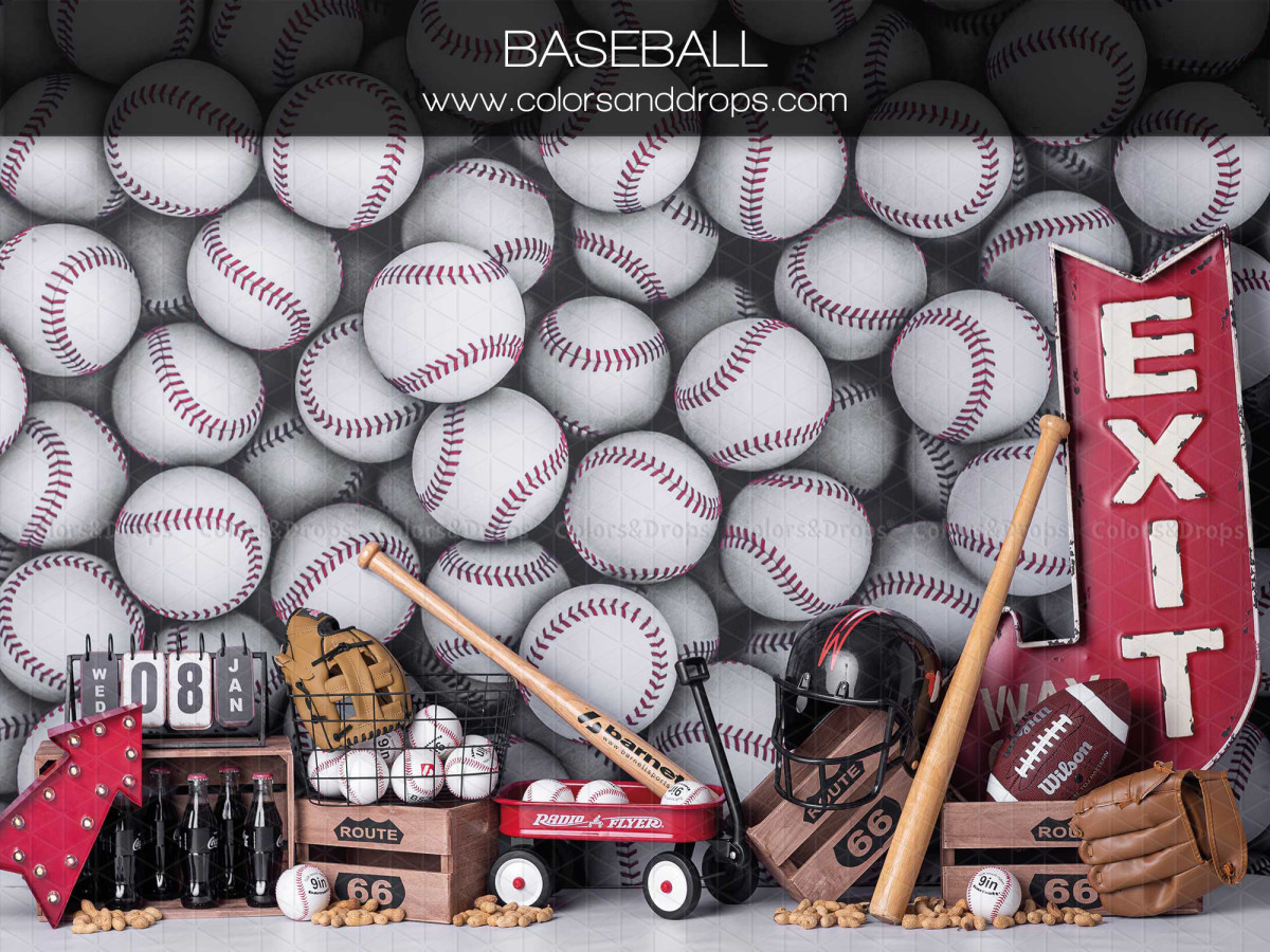 Fond photo bébé et smash cake Baseball – mur de balles de baseball avec batte et panneau exit | Colors&Drops