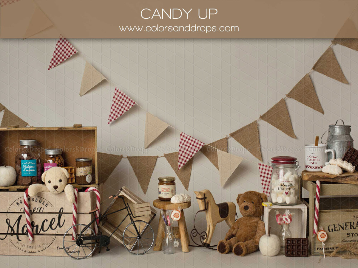 Fondo fotográfico de bebé y smash cake Candy-Up – decorado vintage con banderines y osos de peluche | Colors&Drops