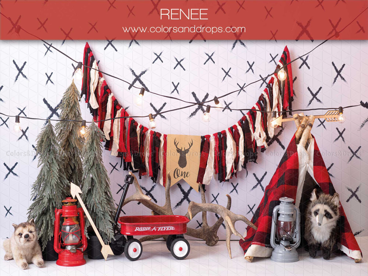 Fond photo bébé et smash cake Renee – décor camping avec tipi à carreaux et fanions | Colors&Drops