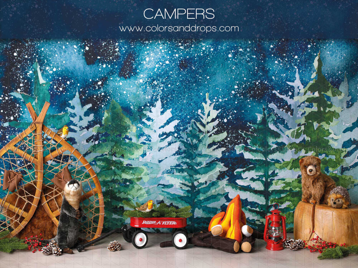 Baby & cake smash photo backdrop Campers – camping in a fir forest under starry sky | Colors&Drops