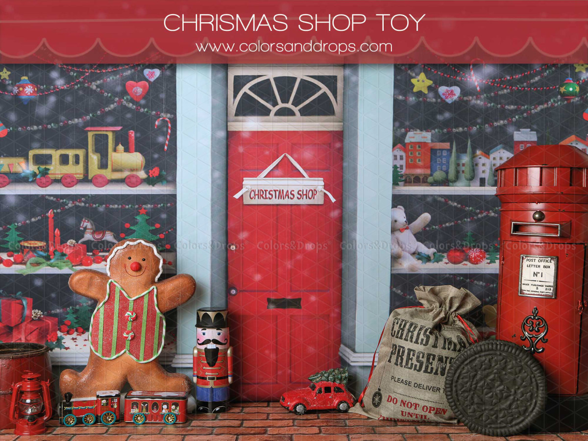 Fondo fotográfico Christmas Shop Toy – escaparate de juguetería con muñeco de jengibre | Colors&Drops
