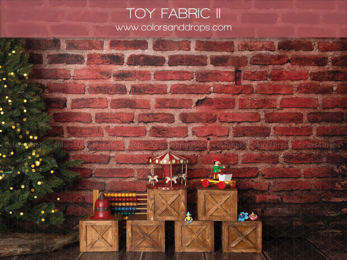 Fondo fotográfico de Navidad Toy Fabric II – cajas de juguetes y abeto ante pared de ladrillo | Colors&Drops