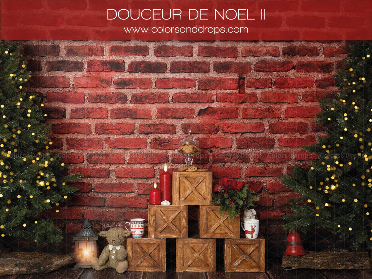 Fond photo Douceur de Noel II – caisses en bois et sapins devant mur en brique rouge | Colors&Drops