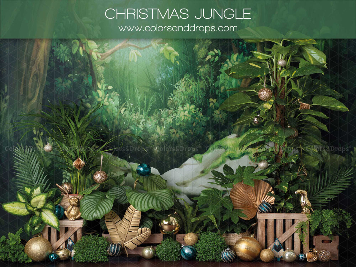 Fondo fotográfico Christmas Jungle – jungla navideña con plantas tropicales y bolas | Colors&Drops