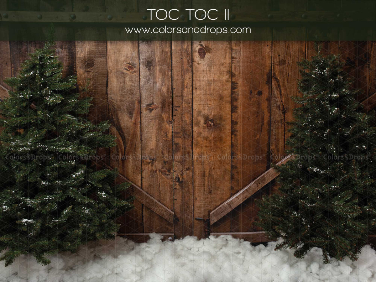 Fondo fotográfico de Navidad Toc Toc II – puerta de granero entre abetos nevados | Colors&Drops