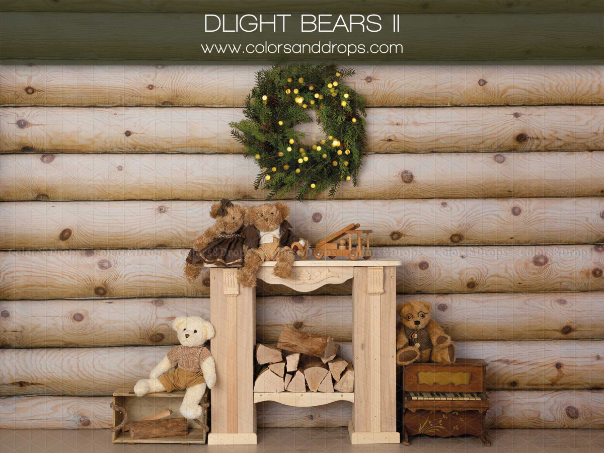 Christmas photo backdrop Dlight Bears II – wooden fireplace with teddy bears and wreath | Colors&Drops