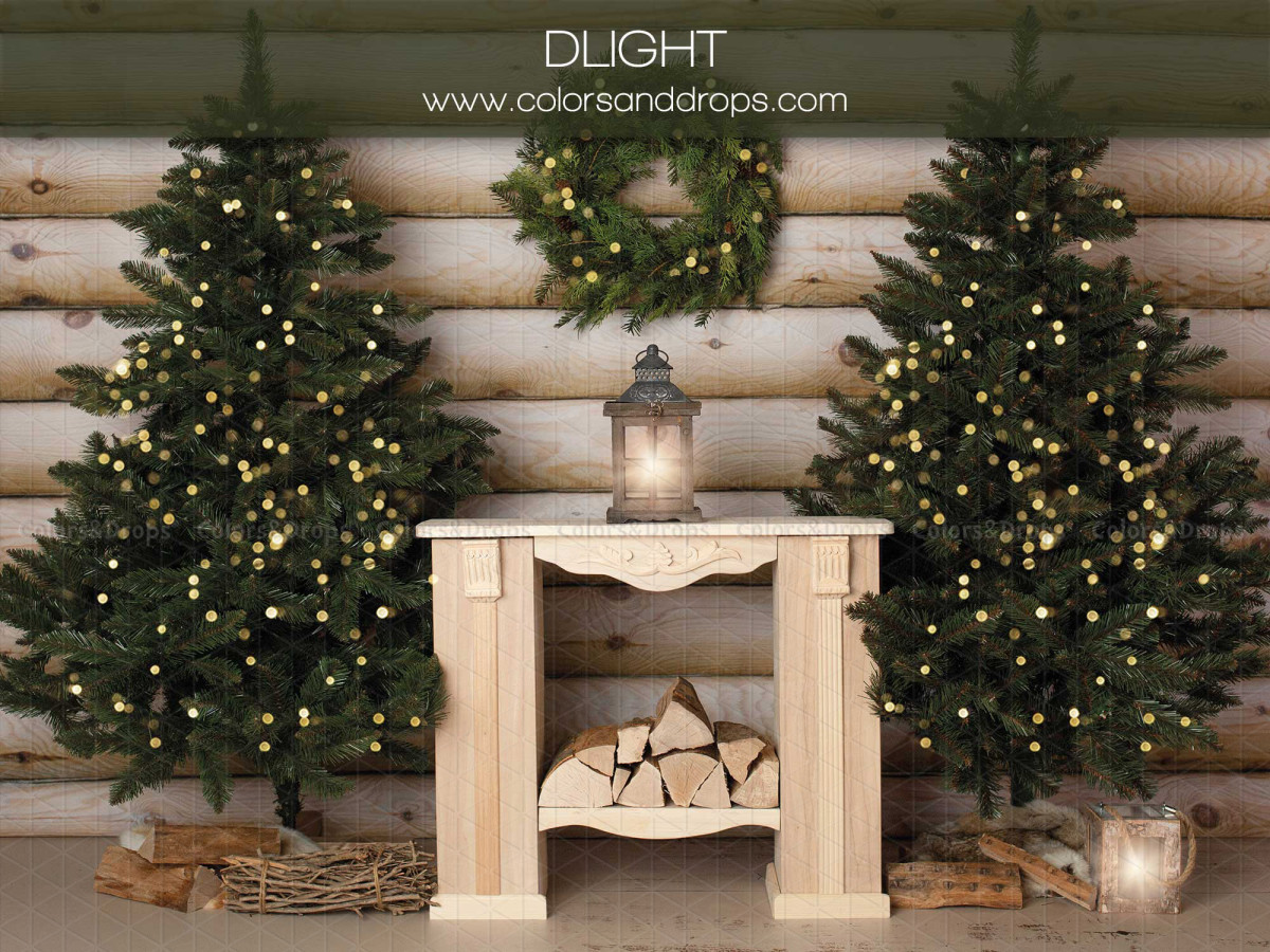 Christmas photo backdrop Dlight – light wooden fireplace between fir trees by a log wall | Colors&Drops