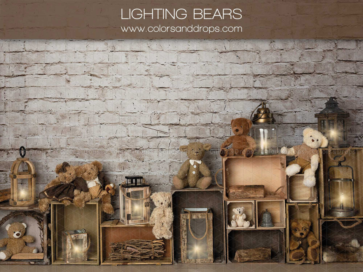 Christmas photo backdrop Lighting Bears – brick wall with crates, lanterns and teddy bears | Colors&Drops
