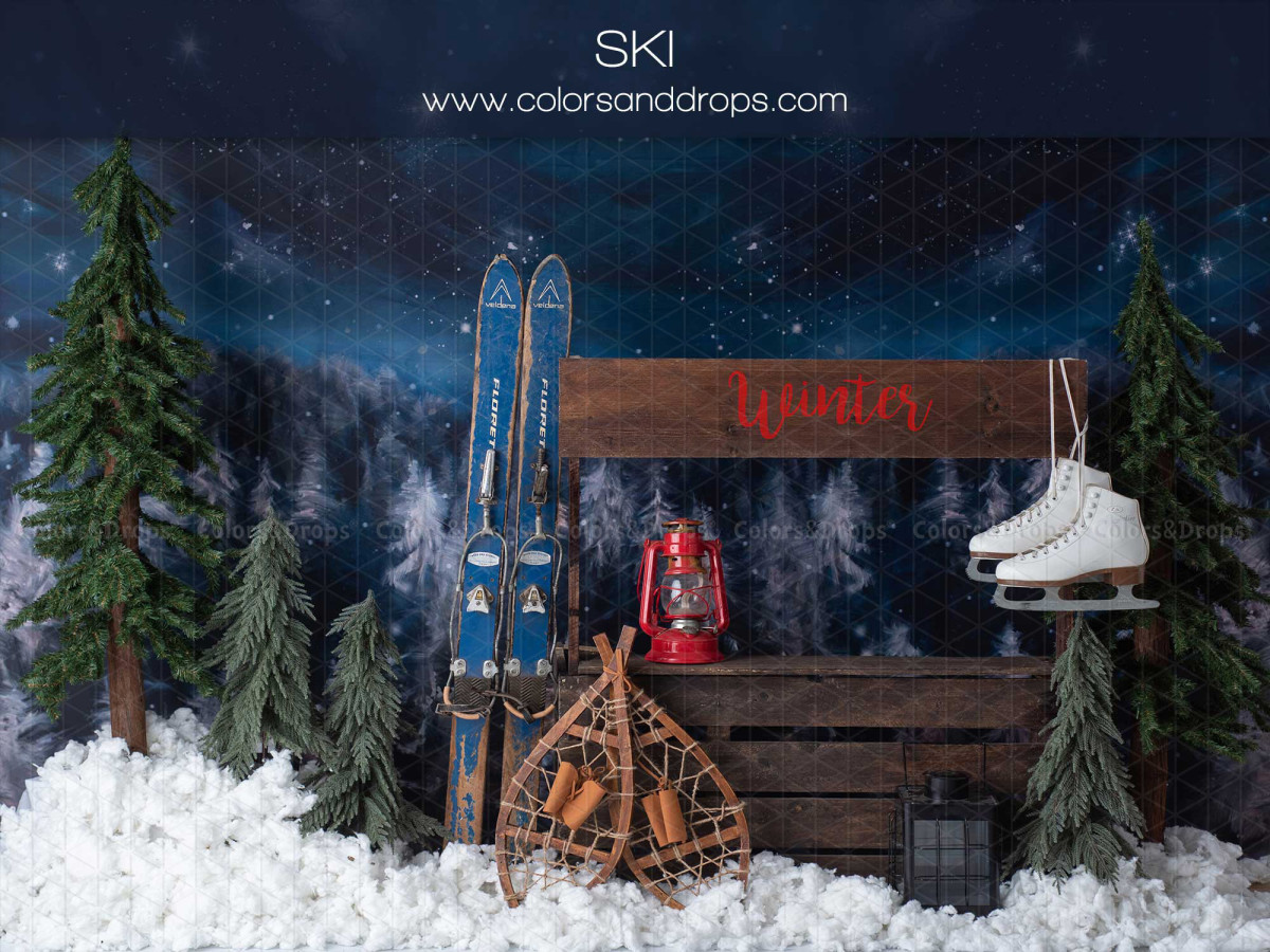 Christmas photo backdrop Ski – snowy night forest with skis, snowshoes and skates | Colors&Drops