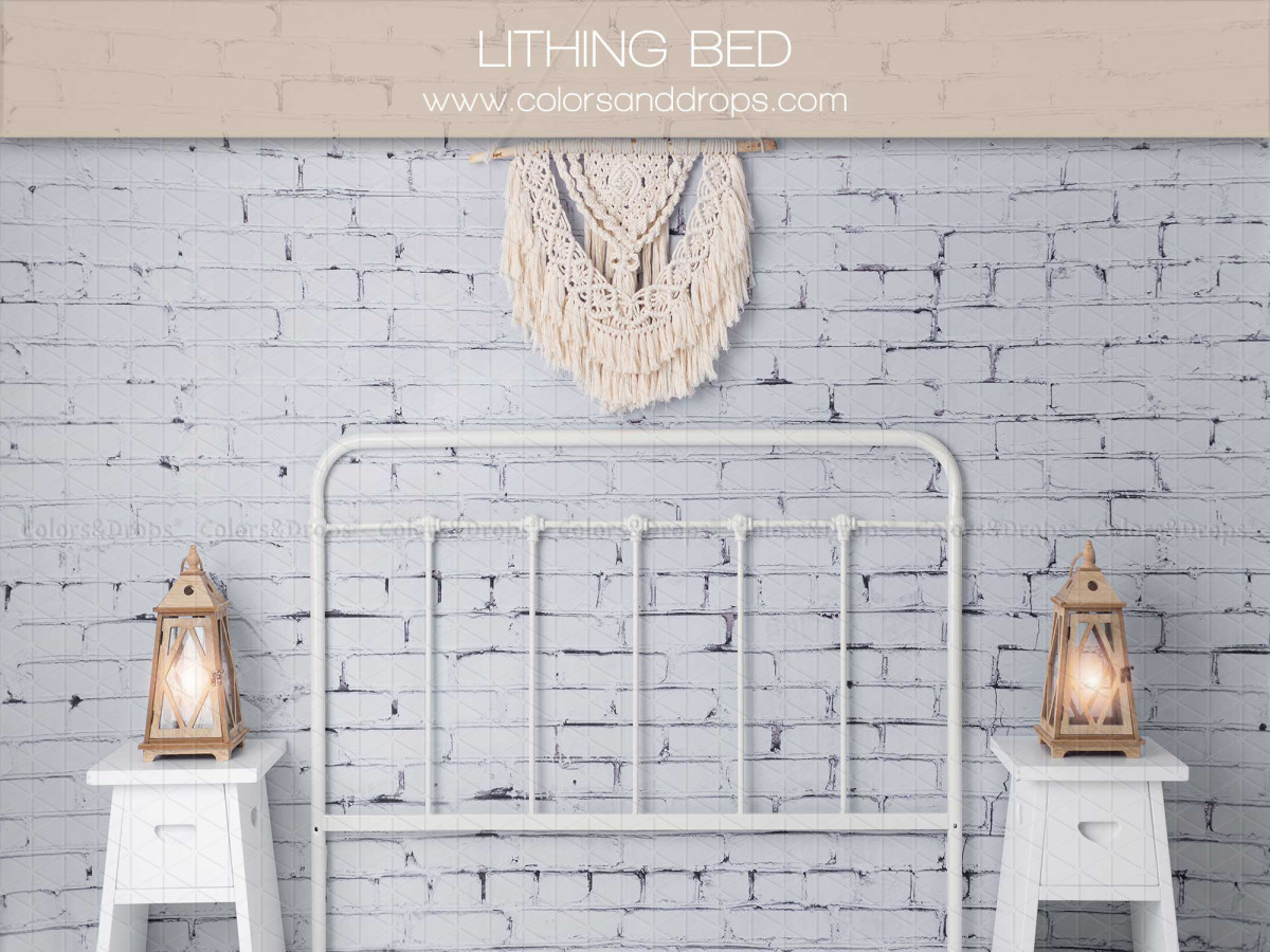 Fond photo de Noël Lighting Bed – tête de lit blanche avec macramé et lanternes | Colors&Drops