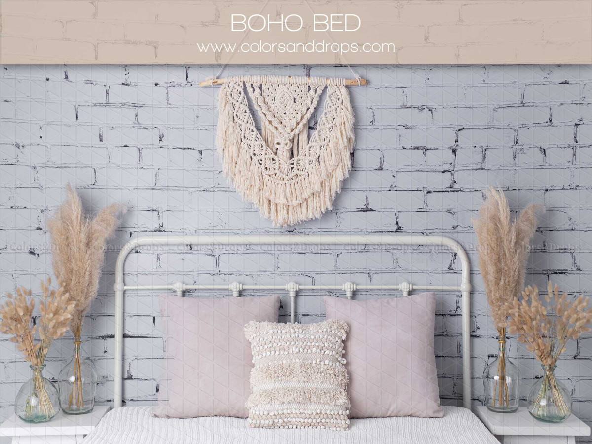 Fondo fotográfico de bebé y smash cake Boho Bed – cama bohemia con macramé, pampa y cojines | Colors&Drops