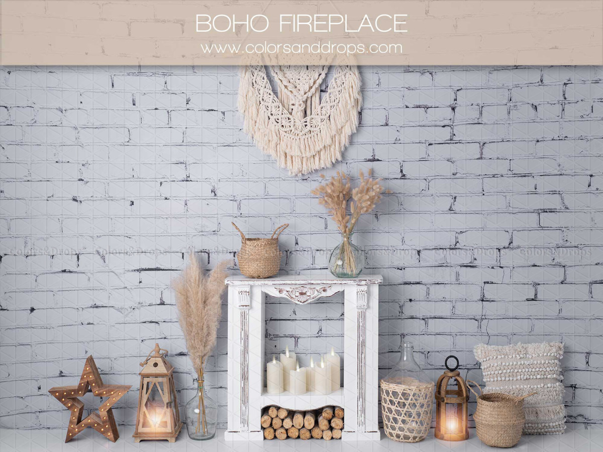 Christmas photo backdrop Boho Fireplace – boho fireplace with macramé and pampas grass | Colors&Drops