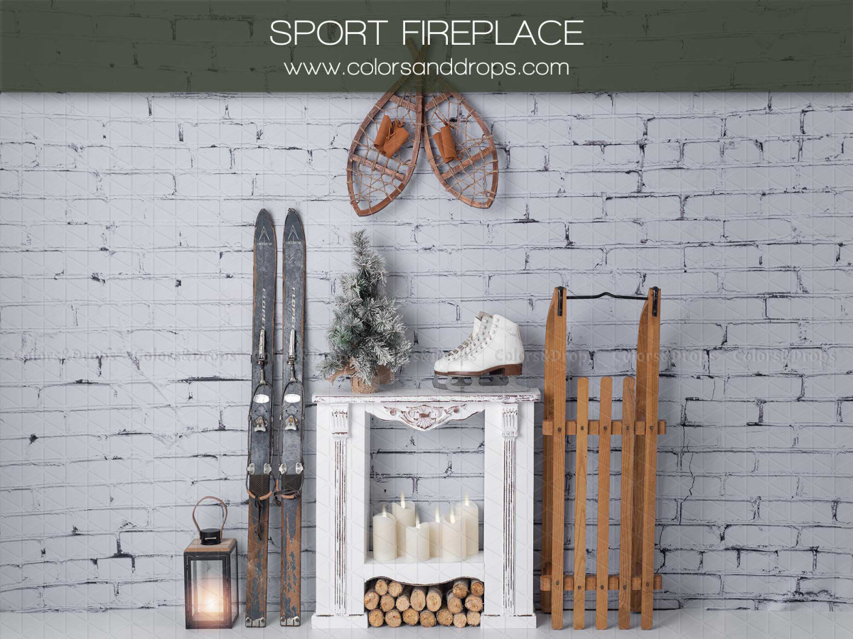 Fond photo de Noël Sport Fire Place – cheminée blanche avec skis, luge et patins | Colors&Drops