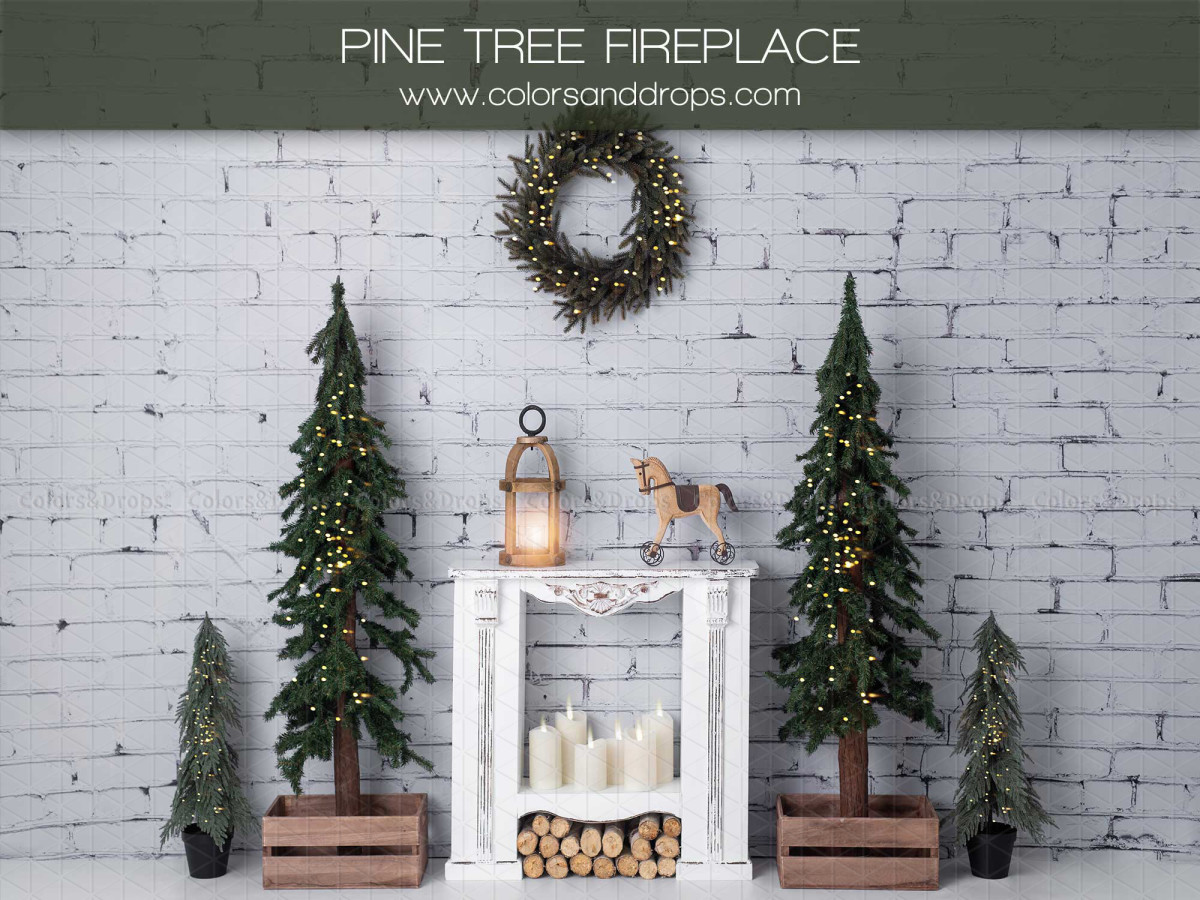 Fond photo de Noël Pinetree Fire Place – cheminée blanche avec sapins et couronne | Colors&Drops
