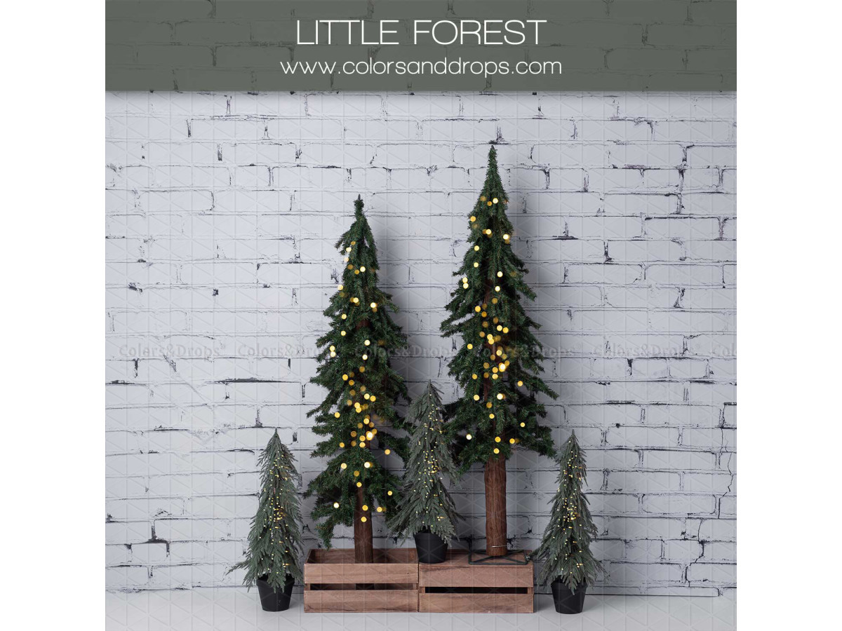 Christmas photo backdrop Little Forest – small glowing fir trees by white brick wall | Colors&Drops