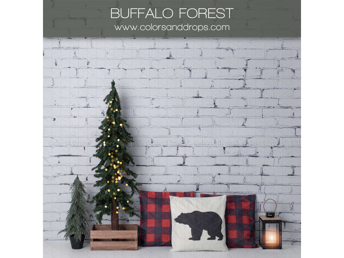 Fondo fotográfico de Navidad Buffalo Forest – abeto y cojines de cuadros ante pared de ladrillo blanco | Colors&Drops
